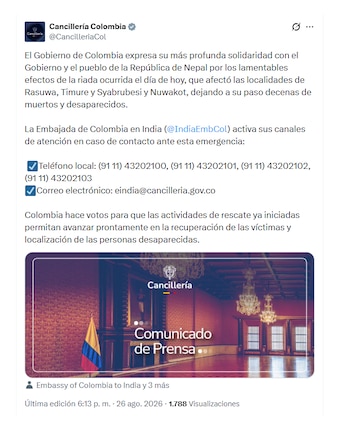Cancillería activó mecanismo de búsqueda de posibles víctimas colombianas en Nepal