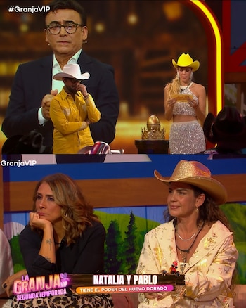 Captura dividida de un programa de televisión que muestra a personas con sombreros vaqueros y un rótulo con el texto Natalia y Pablo