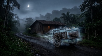 Carreta de madera con estelas de luz en un camino de tierra frente a una casa rústica, bajo la luna creciente y entre árboles con niebla.