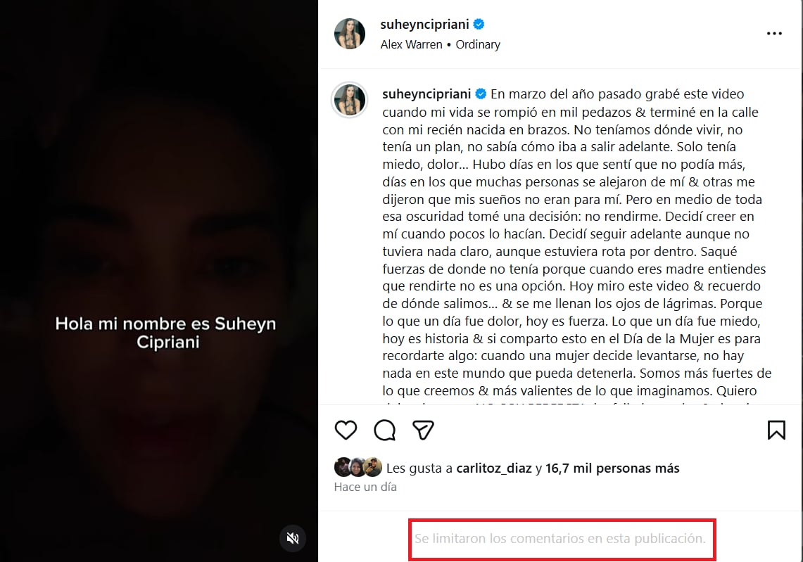 Suheyn Cipriani comparte un mensaje en redes sociales sobre su pasado y empoderamiento, en medio de la controversia por su trabajo en el Congreso, con la opción de comentarios limitada en su publicación. (Suheyn Cipriani)