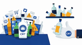 Ilustración de una botella con logo CRT, otras botellas, teléfonos, carritos de compra, íconos de redes sociales, señales de advertencia. Una mano con el logo CRT sujeta una botella.