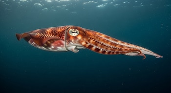 Un calamar de color marrón rojizo con manchas blancas y rayas oscuras nada horizontalmente en agua azul oscura, con la superficie del agua ligeramente visible en la parte superior.