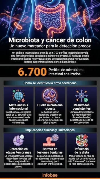 Ilustración de cuerpo humano con sistema digestivo e intestinos, ADN y bacterias, y texto explicativo sobre microbiota y cáncer de colon. Logo Infobae.