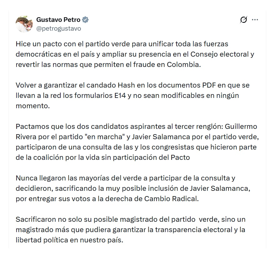 El expresidente Gustavo Petro cuestionó las alianzas para la elección de magistrados del Consejo Nacional Electoral (CNE) por parte del partido Alianza Verde - crédito @petrogustavo/X