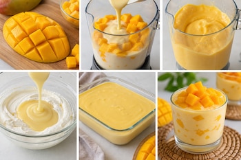 Collage de seis fotos que muestran trozos de mango, batido en licuadora, crema en recipientes de vidrio y el postre servido en un vaso.