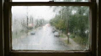Primer plano de una ventana con el cristal cubierto de gotas de lluvia, difuminando la vista de una calle con árboles y luces de vehículos al fondo. Marco de madera visible.
