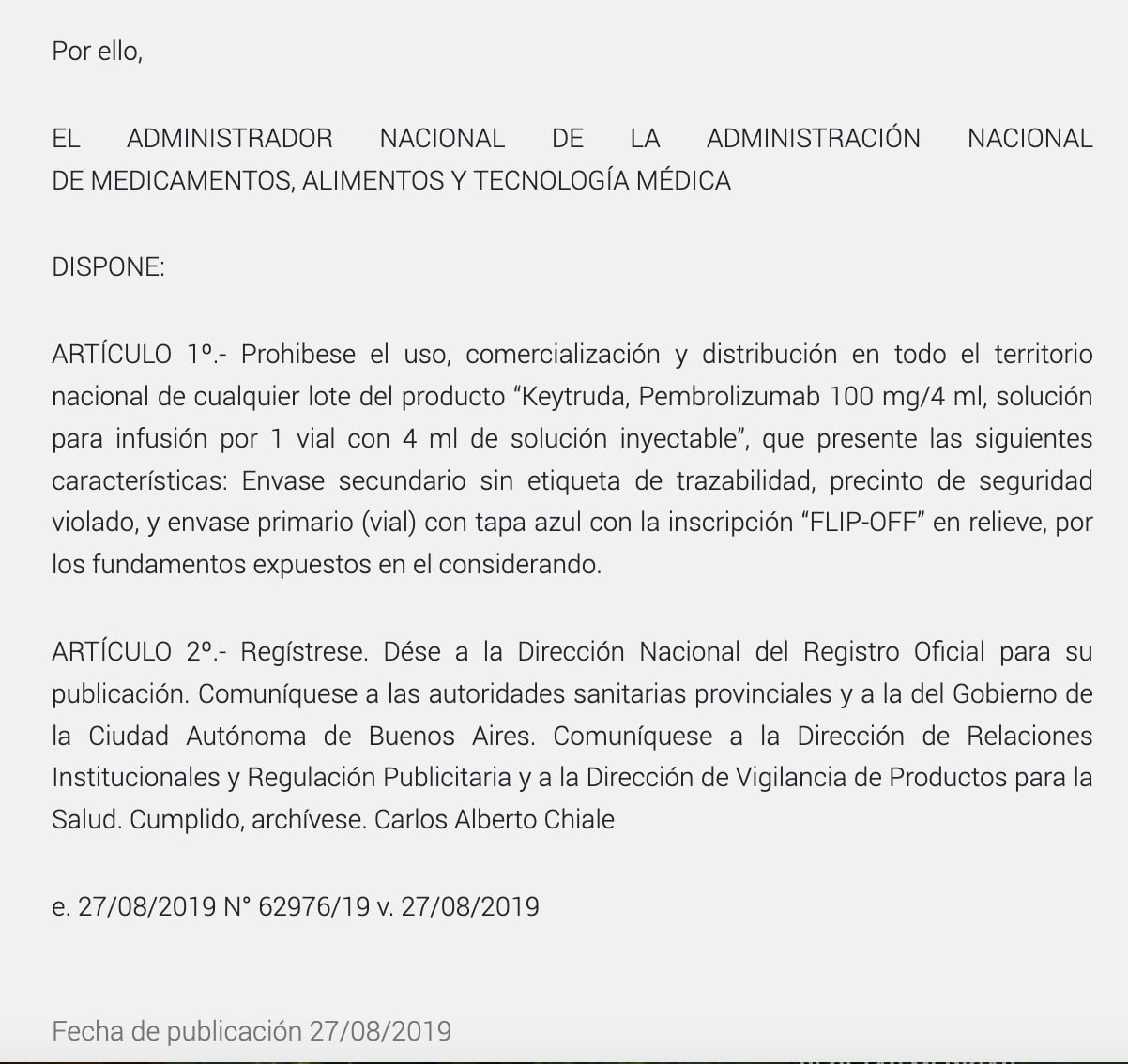 Disposición Anmat de agosto de 2019 prohibiendo Keytruda no original de MSD