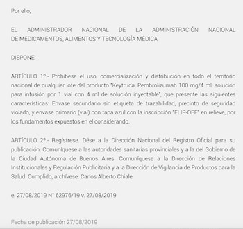 Disposición Anmat de agosto de 2019 prohibiendo Keytruda no original de MSD