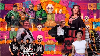 Montaje fotográfico de cantantes y agrupaciones musicales con fondo de flores de cempasúchil, calaveras, papel picado y pan de muerto.