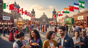 Vista de plaza pública con personas, puestos comerciales, músicos, bailarines y banderas de varios países bajo un cielo claro con edificios históricos al fondo.