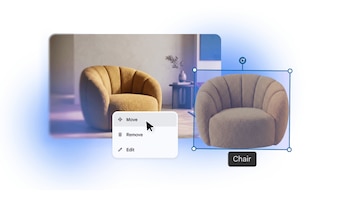 Interfaz de edición de imagen con un sillón Comfort (modelo similar a uno amarillo) seleccionado con un recuadro azul y un menú contextual abierto