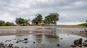 Un charco de agua con piedras sobre arena oscura en una playa con palmeras, casetas y cielo gris nublado.