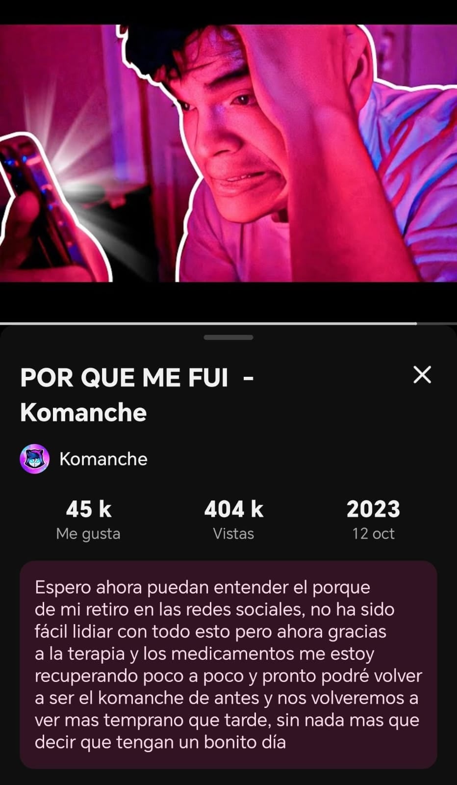 Video del 2023 donde habló de su salud mental. (YouTube: Komanche/captura de pantalla)