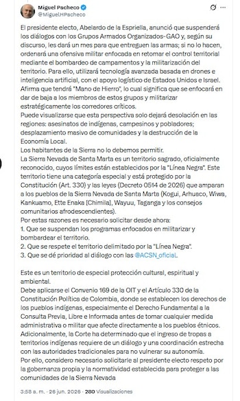 Pacheco sostiene que las respuestas oficiales sobre el diálogo con Los Pachenca han sido ambiguas e insuficientes - crédito @MiguelHPacheco/X