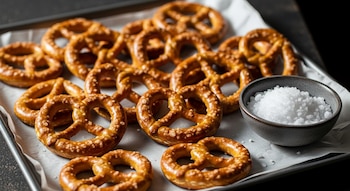 Vista aérea de una bandeja con numerosos pretzels pequeños y dorados sobre papel de hornear, junto a un cuenco gris lleno de sal gruesa.