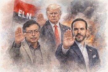 Ilustración acuarela de Gustavo Petro, Donald Trump y Abelardo de la Espriella con una mano levantada, y una bandera del ELN de fondo.