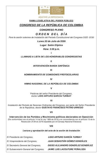 Orden del día instalación del Congreso