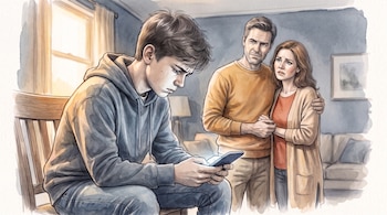 Ilustración de un adolescente sentado mirando la pantalla de un teléfono móvil mientras dos adultos al fondo lo contemplan con preocupación.