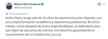 Wilson Ruiz Orejuela pidió que dejen de "atacar y vulnerar" los derechos de Angie Rodríguez - crédito @WilsonRuizO/X