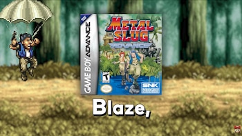 Caja del videojuego Metal Slug Advance al centro, un soldado en paracaídas a la izquierda y la palabra Blaze escrita abajo