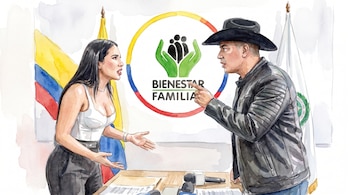 Ilustración en acuarela de una mujer y un hombre con sombrero discutiendo ante el logo de Bienestar Familiar y banderas de Colombia.