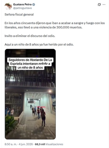 Petro se refirió a lo ocurrido en Medellín y le hizo una solicitud a la fiscal Luz Adriana Camargo - crédito @petrogustavo/X
