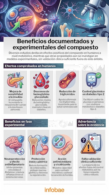 Infografía con dibujos de páncreas, sangre, vaso, glucómetro, cerebro, hueso, estómago, microorganismos, vendaje, documento y logo Infobae.