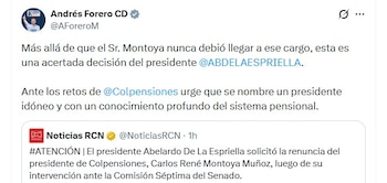El senador Andrés Forero respaldó la decisión presidencial y sostuvo que Colpensiones necesita una persona con experiencia y conocimiento especializado del sistema pensional - crédito @AForeroM/X