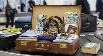 Una maleta marrón abierta con ropa, postales, Torre Eiffel, pasaporte, máscara y un lagarto de juguete sobre una banda de equipaje de aeropuerto.
