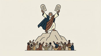 Ilustración minimalista de Moisés de pie en la cima de una montaña, levantando dos tablas de piedra. Abajo, un grupo de personas con los brazos levantados.