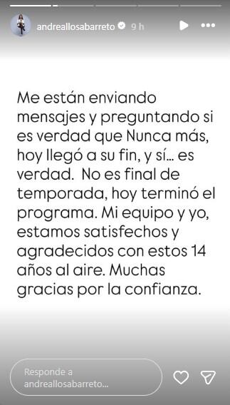 Andrea Llosa anuncia el fin de ‘Nunca más’, tras 14 años al aire: “Gracias por esta oportunidad”