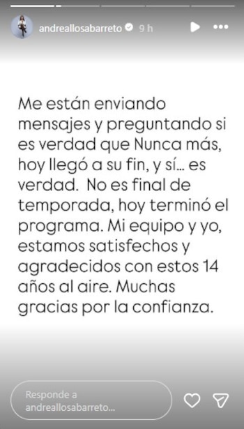 Andrea Llosa anuncia el fin