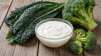 Un tazón de cristal con yogur blanco, hojas verdes de kale con textura rizada y varias piezas de brócoli verde, todo sobre un fondo de tablas de madera.