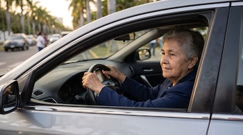 Persona de cabello canoso con chaqueta azul conduce un auto plateado sosteniendo el volante con ambas manos.
