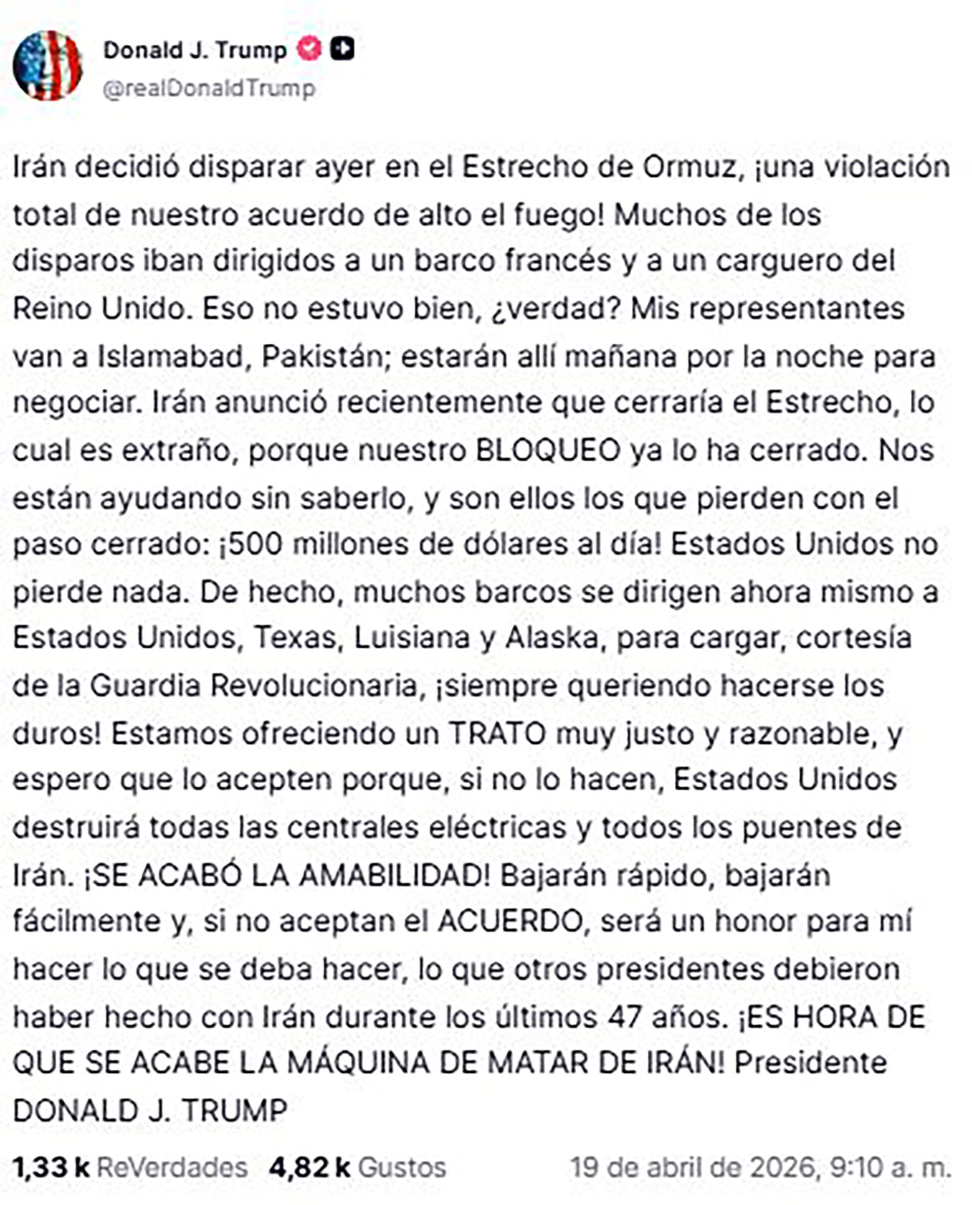 El mensaje publicado por Donald Trump en Truth Social