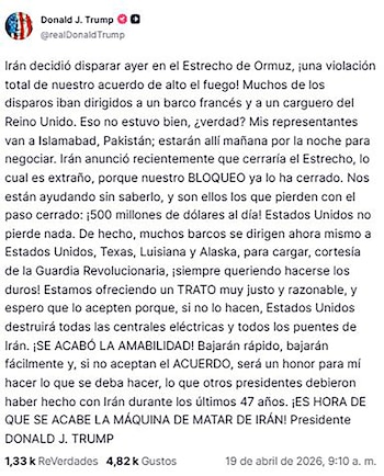 Captura de pantalla de una publicación de Donald J. Trump en Truth Social, mostrando su foto de perfil, nombre de usuario y un extenso texto en español sobre Irán