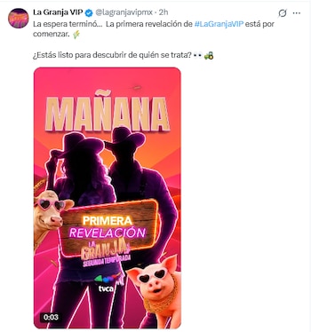 Póster promocional con el texto "MAÑANA", siluetas de dos personas con sombrero, una vaca y un cerdo con gafas de sol, y logo de La Granja