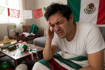 Un hombre con la mano en la sien y expresión de malestar está sentado junto a una mesa con vasos, botellas y una bandera de México.