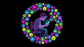 Ilustración de persona sentada en silla y mirando un celular. Burbujas con iconos de "me gusta", corazón, mensaje, campana y carita sonriente la rodean. Fondo negro.
