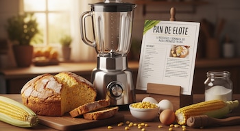 Un pan de elote cortado en tabla de madera, una licuadora, elotes, huevos, granos de maíz, un frasco con azúcar y una receta impresa en un atril.