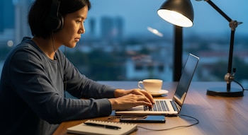 Una persona con auriculares teclea en una laptop sobre un escritorio de madera. Un teléfono, cuaderno, lámpara de escritorio y taza de café están cerca. Fondo urbano borroso.