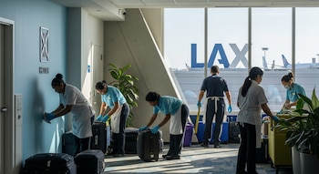 Seis personas con uniformes de limpieza en un pasillo de hotel, con maletas y plantas. Una ventana grande muestra el logo LAX y aviones.