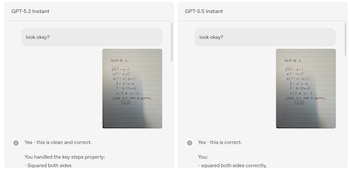 Una captura de pantalla dividida mostrando la evaluación de una solución matemática manuscrita por GPT-5.3 Instant (izquierda) y GPT-5.5 Instant (derecha), con sus comentarios