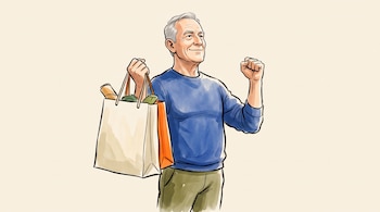 Ilustración de un hombre mayor canoso con suéter azul que sostiene bolsas de papel con alimentos y mantiene el otro puño en alto.