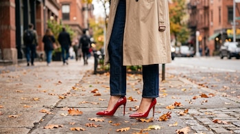 Piernas de una persona con pantalones vaqueros oscuros, gabardina beige y zapatos de tacón rojo sobre una acera con hojas secas.