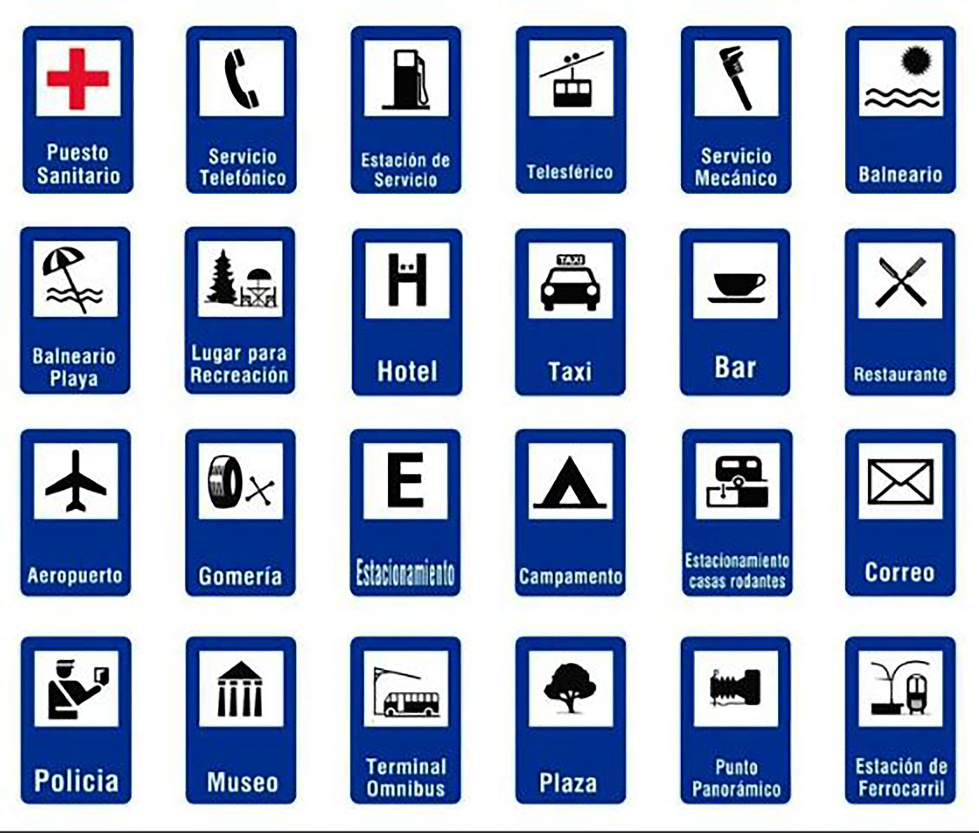 Las señales informativas orientan sobre servicios esenciales como estaciones de servicio, hospitales, alojamientos y áreas de descanso