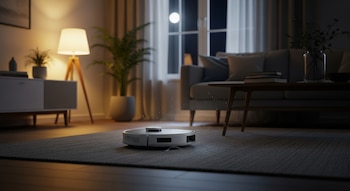 Una aspiradora robot redonda de color gris limpia una alfombra oscura en una sala de estar con luz tenue de una lámpara y la luna visible en la ventana.