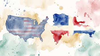 Mapa de Estados Unidos a la izquierda y mapa de República Dominicana a la derecha con estilos de banderas en textura de acuarela.