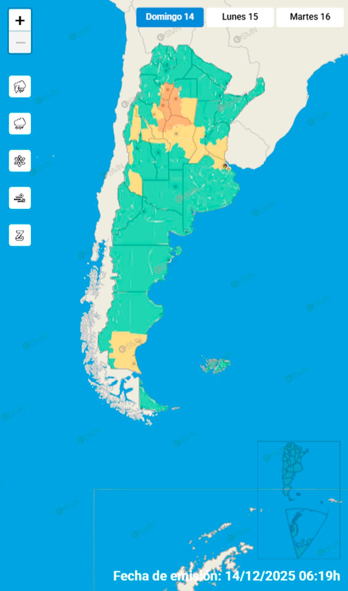 Las alertas por tormentas en el centro del país y por vientos en el oeste y sur.