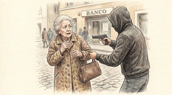 Ilustración a color de una adulta mayor asustada mientras un individuo encapuchado le apunta con una pistola e intenta robarle el bolso.